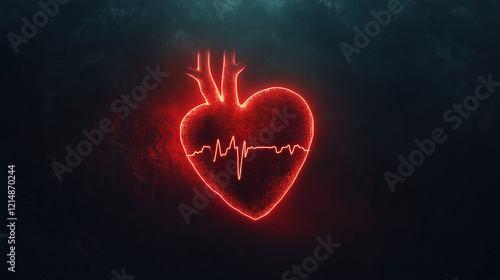 A red heart shape with an electrocardiogram (ECG) line running through it, glowing in the dark room. The heart is large and centered on the screen, with its pulse lines extending towards both sides 