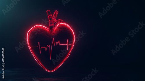 A red heart shape with an electrocardiogram (ECG) line running through it, glowing in the dark room. The heart is large and centered on the screen, with its pulse lines extending towards both sides 