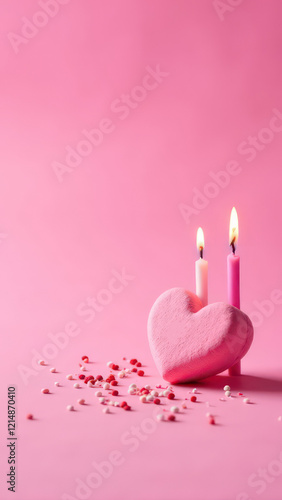 Photo of heart shaped marshmallow candles and sprinkles on pink background with copyspace. Valentine's Day concept. Vertical photo	