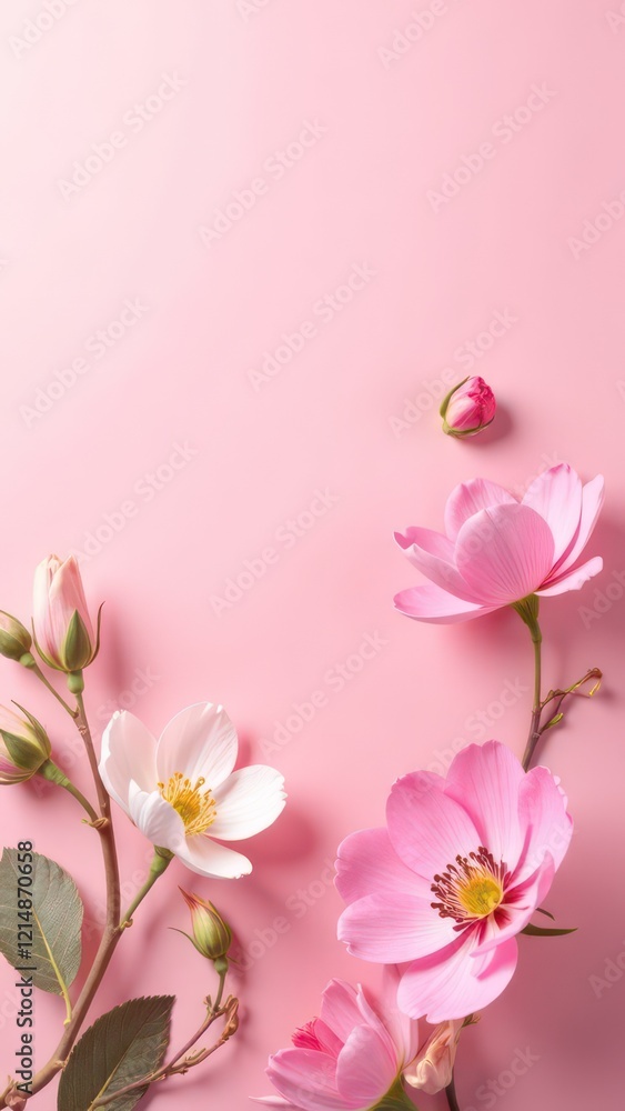 Fototapeta premium light pink background with spring leaves and flowers, vertical image 