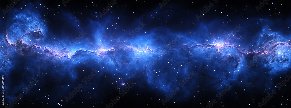 A panoramic view of the Milky Way galaxy, with stars and nebulae glowing in shades of blue and purple against the black space. A panoramic view of the Milky Way galaxy, with stars and nebulae glowing in shades of blue and purple against the black space.