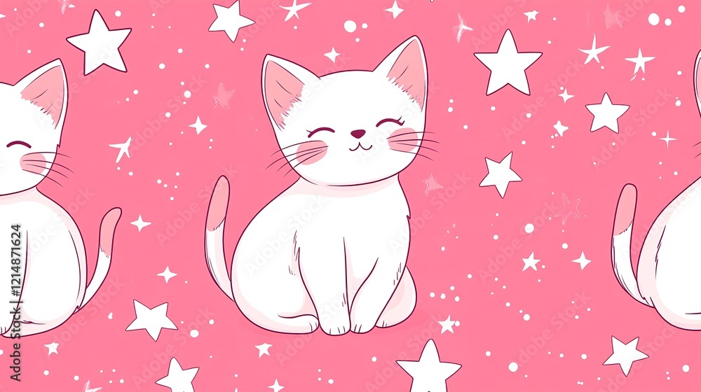 cute white kitten and stars in pink sky. cute white kitten and stars in pink sky.