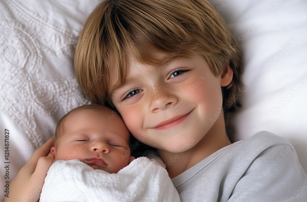 A young boy with brown hair and blue eyes, wearing a light grey shirt, holds his newborn baby brother in a white room A young boy with brown hair and blue eyes, wearing a light grey shirt, holds his newborn baby brother in a white room