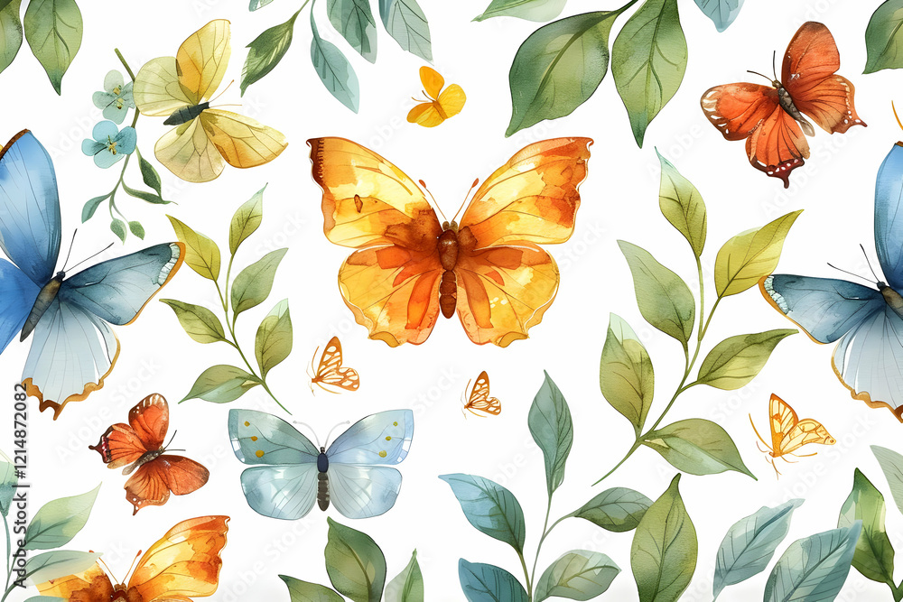 Fototapeta premium Watercolor Butterflies and Leaves Seamless Pattern on White Background.