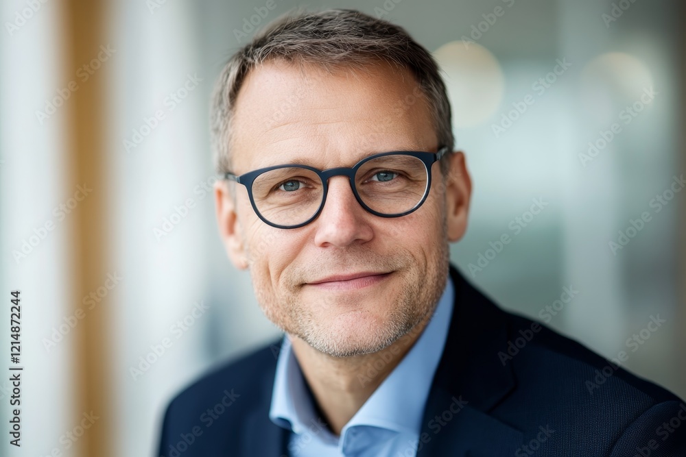 Professional man with glasses smiles confidently in a modern office setting Professional man with glasses smiles confidently in a modern office setting