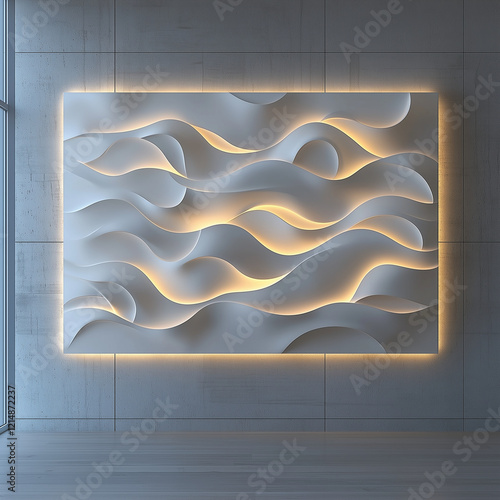 Contemporary illuminated wall art in 3D wave pattern, gray paneling, sleek interior decor, subtle ambient lighting theme photo