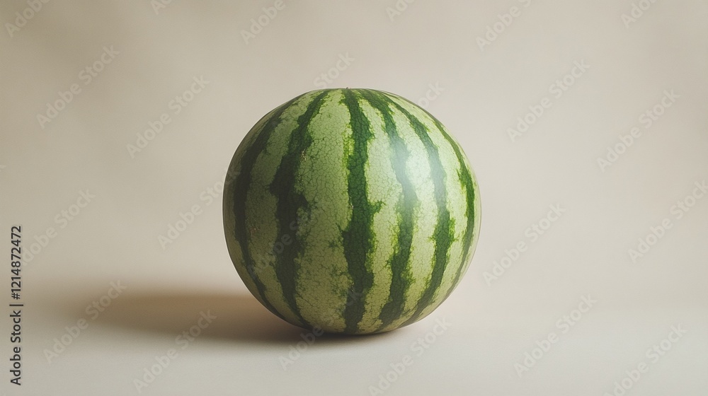 A single watermelon sitting on a neutral surface. A single watermelon sitting on a neutral surface.