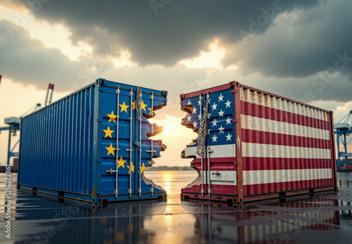 Broken shipping containers with usa and eu flags showing trade war and tariffs