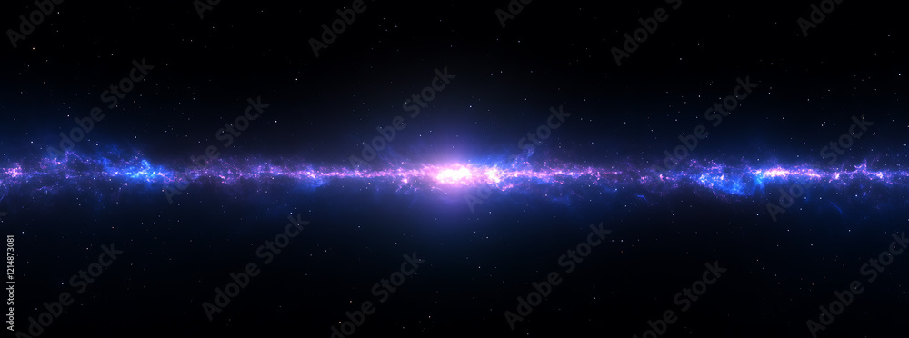 Fototapeta premium A panoramic view of the Milky Way galaxy, with stars and galaxies in deep space. The background is a dark black sky. A blue-purple hue covers much of the Milky Way.