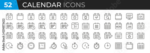 Calendar Icon Set. Features editable time management symbols. Includes icons for months, days, weeks, reminders, and more. Perfect for websites, and apps related to scheduling, planning. Vector 10 eps