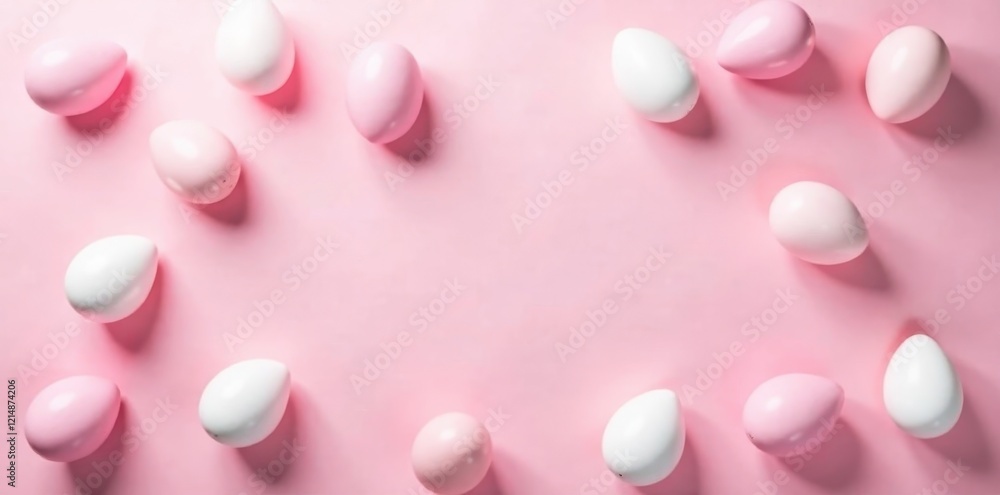 Pastel pink background with scattered pink & white Easter eggs forming a pleasing pattern , stock, celebratory Pastel pink background with scattered pink & white Easter eggs forming a pleasing pattern , stock, celebratory