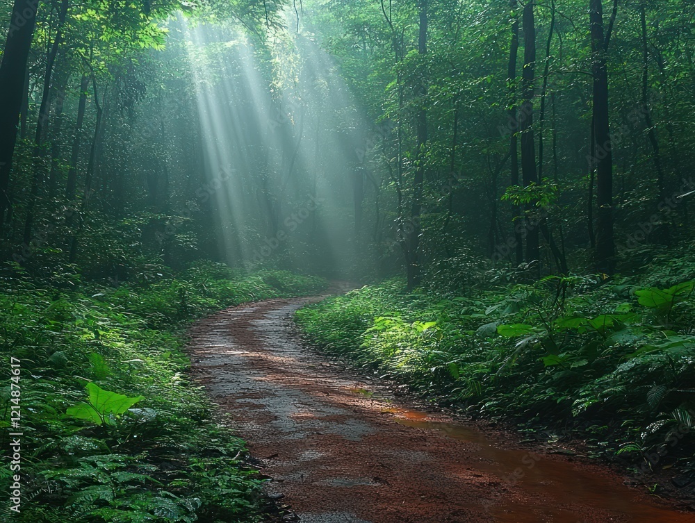 Obraz premium Sunlight Piercing Through the Dense Canopy of a Mystical Forest Path
