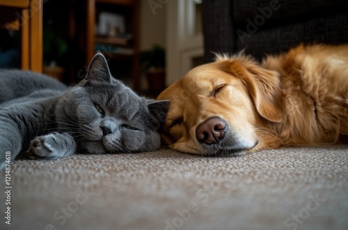 Wallpaper Mural A Heartwarming Moment of a Sleepy Cat and Dog Nestled Together on a Cozy Carpet in a Bright Living Room with Soft Natural Light Illuminating Their Bond Torontodigital.ca
