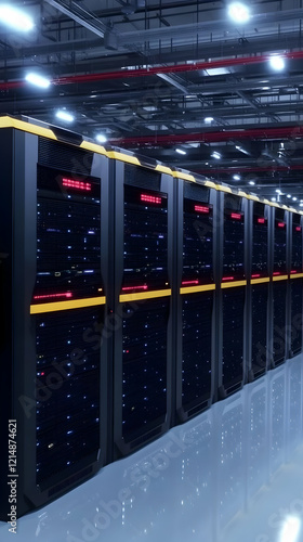 Server racks illuminate a d...