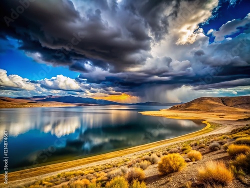 Dramatic Lahontan Reservoir Storm Cloudscape: Nevada Lake Landscape Photography photo