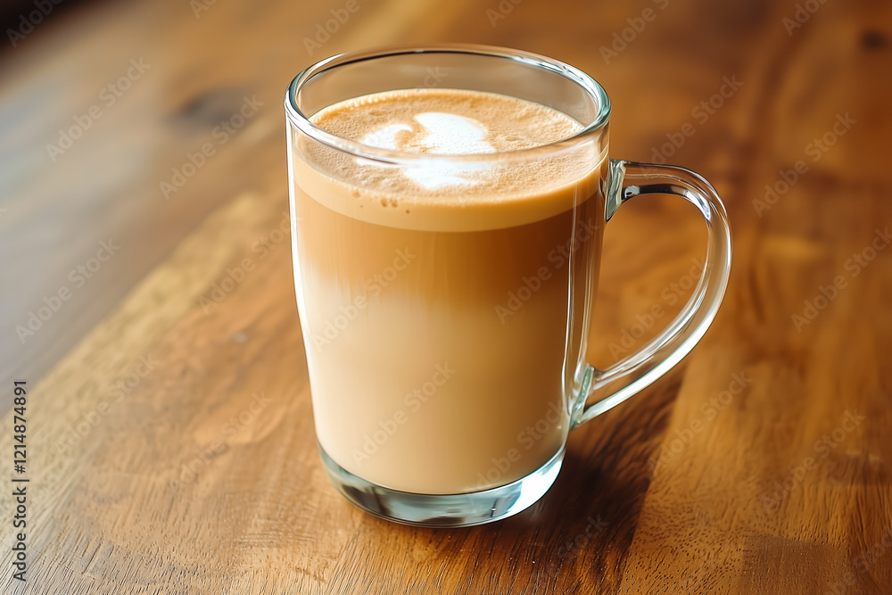 A latte art coffee drink in a clear glass mug sits on a wooden table. The coffee is light brown with a creamy texture. A latte art coffee drink in a clear glass mug sits on a wooden table. The coffee is light brown with a creamy texture.