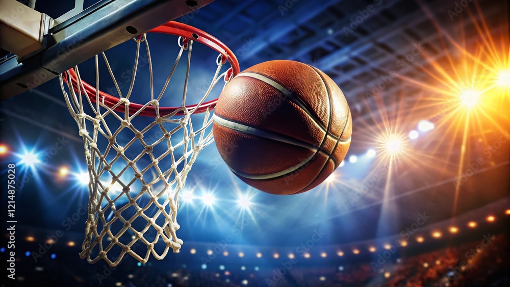 Dramatic Low-Light Basketball Game Winner: Close-up of Ball in Net Dramatic Low-Light Basketball Game Winner: Close-up of Ball in Net
