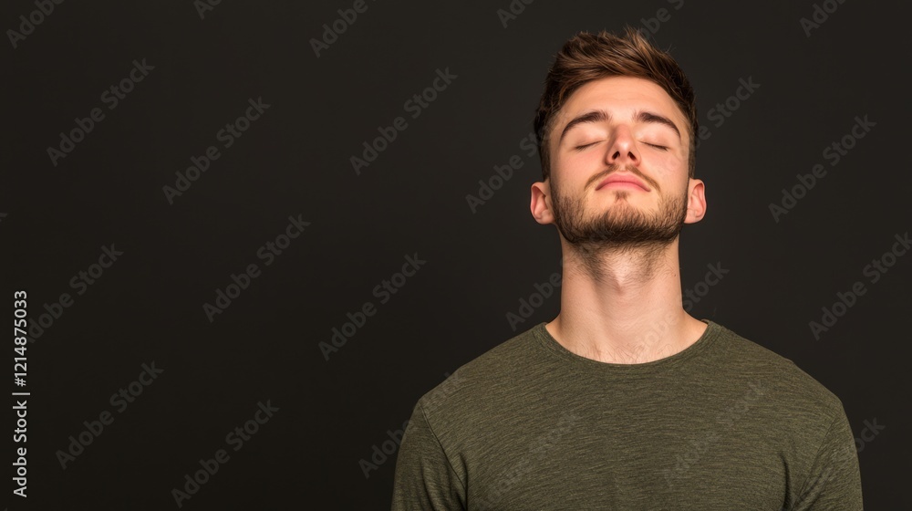 Contemplative Man in Cinematic Studio Shot with Eyes Closed | Fashionable Male Model in Long-Sleeve Tee Reflecting Pose Contemplative Man in Cinematic Studio Shot with Eyes Closed | Fashionable Male Model in Long-Sleeve Tee Reflecting Pose