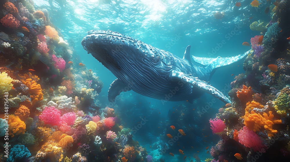 Whale swimming vibrant coral reef ocean Whale swimming vibrant coral reef ocean