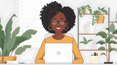 Smiling Woman Works on Lapt...