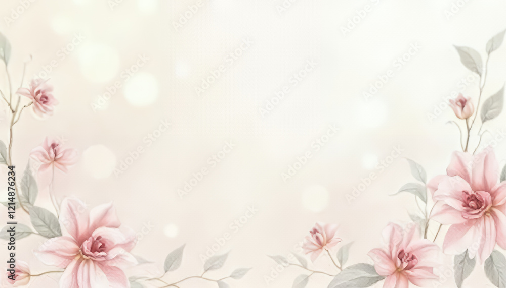 Fototapeta premium Valentine's day with beautiful floral, Watercolor Floral Frame on Pastel Background, Floral border featuring soft pink flowers and buds on light background, Spring flower background with text space