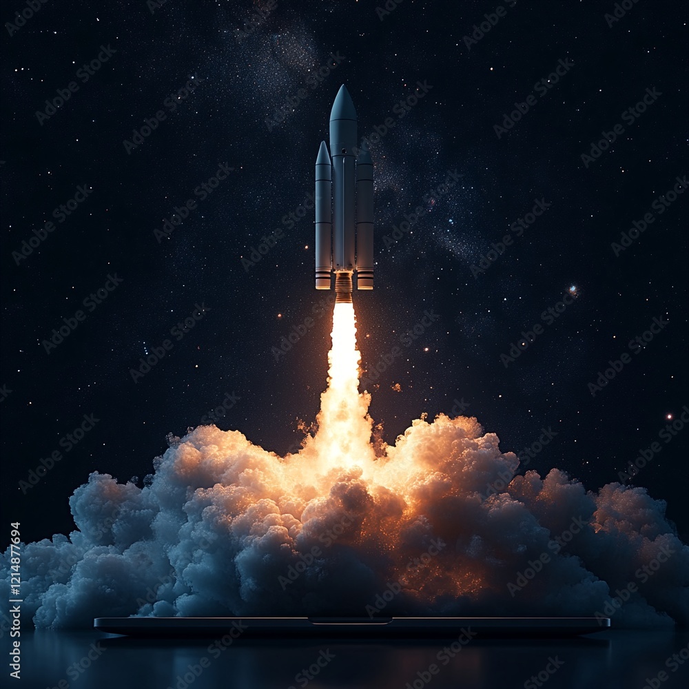 Naklejka premium A rocket ship blasting off into space.