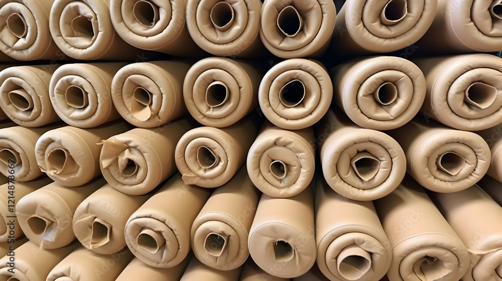 Stacks of Rolled Tan Material in Storage Area Creates Pattern
