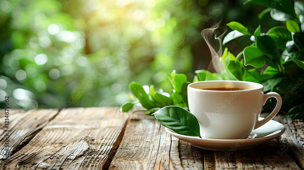 Steaming Cup of Tea Sits Peacefully on Rustic Table in Lush Garden Setting with Bright Sunshine Steaming Cup of Tea Sits Peacefully on Rustic Table in Lush Garden Setting with Bright Sunshine