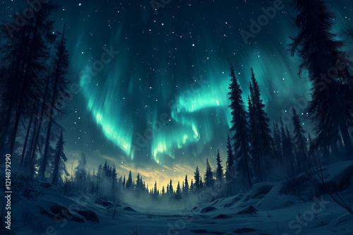 a painting of a night sky with aurora lights and trees in the foreground and a mountain in the background