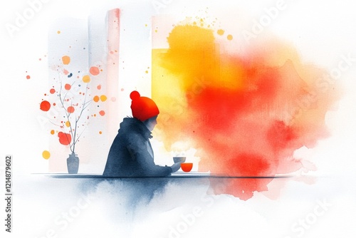 A soft watercolor painting of a person sitting in an empty cafÃ©, stirring their coffee absentmindedly with a far-off look in their eyes photo