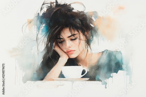 A soft watercolor painting of a person sitting in an empty cafÃ©, stirring their coffee absentmindedly with a far-off look in their eyes