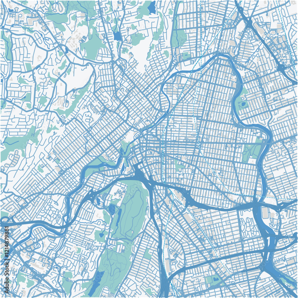 Obraz premium Map of Paterson in New Jersey in a professional blue style. Contains layered vector with roads water, parks, etc.
