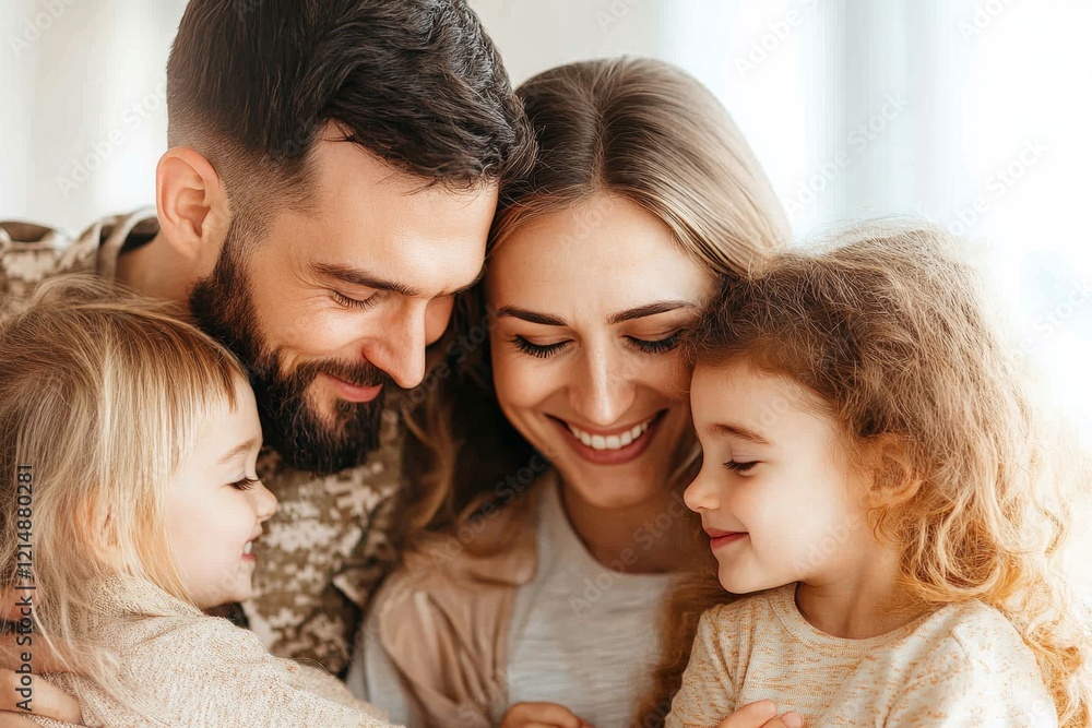 A soldier hugging their family tightly after returning home, tears of love and joy in everyone eyes A soldier hugging their family tightly after returning home, tears of love and joy in everyone eyes