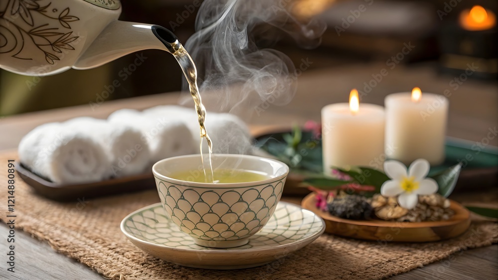 Fototapeta premium Spa Relaxation Hot Tea Candles Towels Wellness