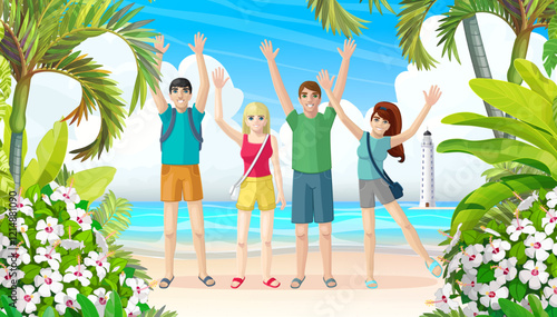 vector nature landscape background. Happy friends on the beach. Cartoon summer clip art. Hand drown design.