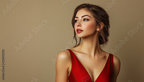 Wallpaper Mural A fashion model with elegant makeup and hair, wearing an off-the-shoulder red dress against a vibrant solid-color background Torontodigital.ca