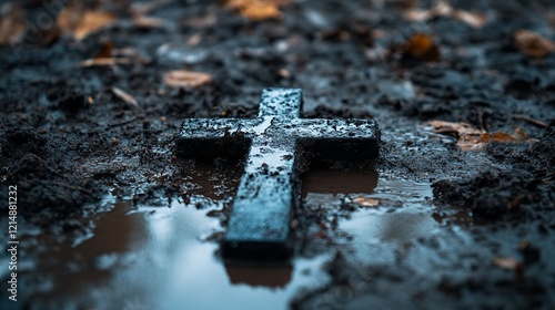 A weathered cross lies in a puddle of water on the ground. photo