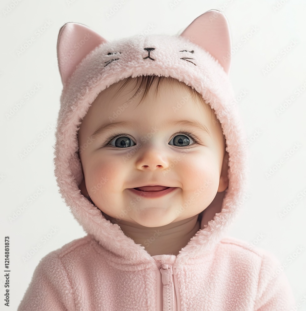 Cute baby smiling in a pink bunny onesie, against a white background. Cute baby smiling in a pink bunny onesie, against a white background.