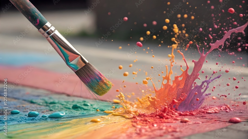 Obraz premium Vibrant Rainbow Paint Splash Artist Brush Creative Artwork