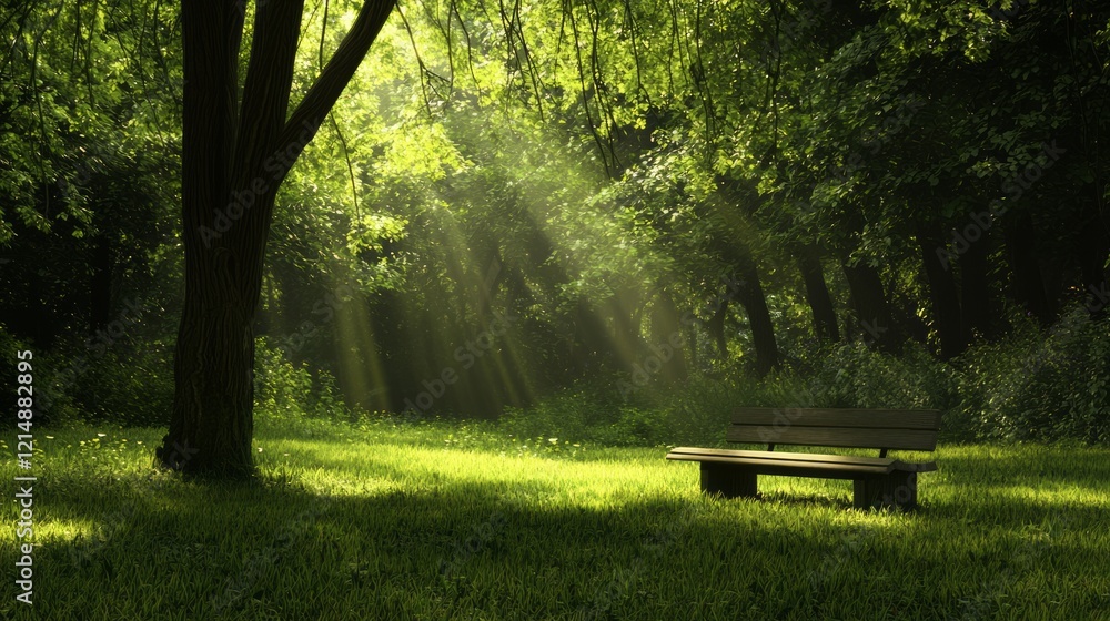 Solitude in Nature: Man Sitting on Low Bench in Enchanted Forest with Sunbeams - Cinematic Ultra-Detailed Scene Solitude in Nature: Man Sitting on Low Bench in Enchanted Forest with Sunbeams - Cinematic Ultra-Detailed Scene