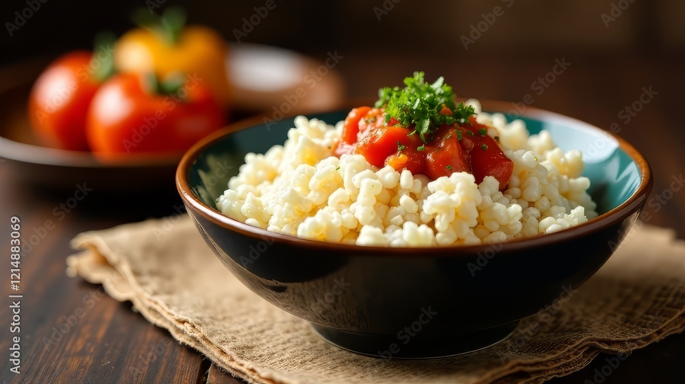 Sichuan Mapo Tofu Rice Bowl - Rustic Wooden Table Sichuan Mapo Tofu Rice Bowl - Rustic Wooden Table