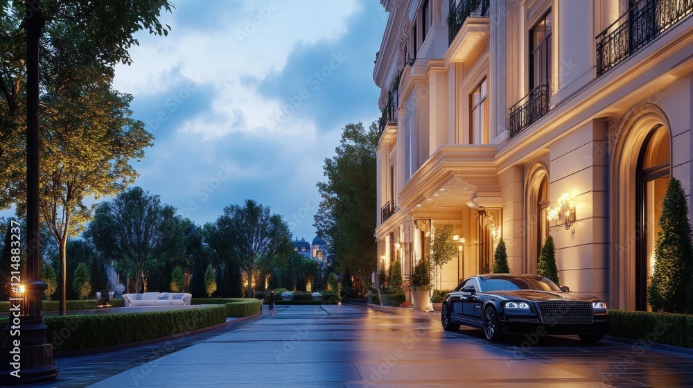Fototapeta premium Luxury Mansion Entrance with a Black Sedan