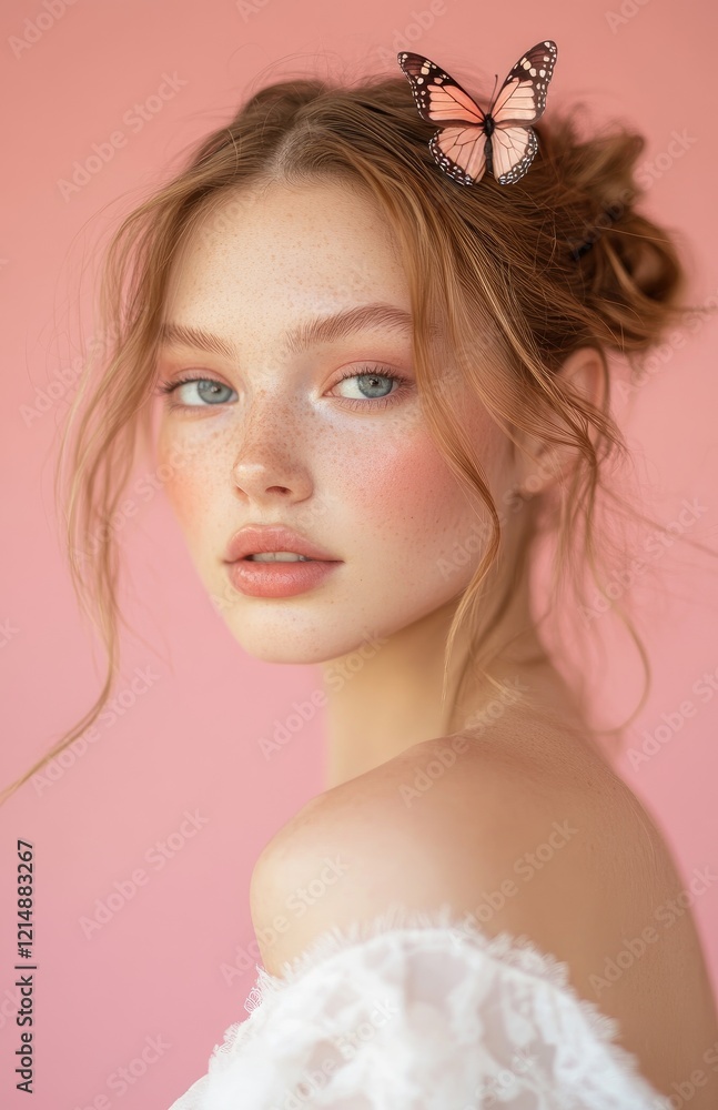 A beautiful woman with butterfly-shaped earrings, wearing a white dress against a pink background. A beautiful woman with butterfly-shaped earrings, wearing a white dress against a pink background.