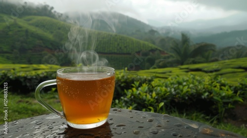 Wallpaper Mural A clear glass cup of tea with visible steam set against a misty tea plantation backdrop showcasing serenity and refreshment for ads
 Torontodigital.ca