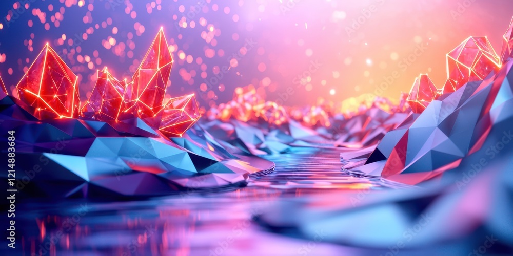 Obraz premium Blue and red background with a river and mountains