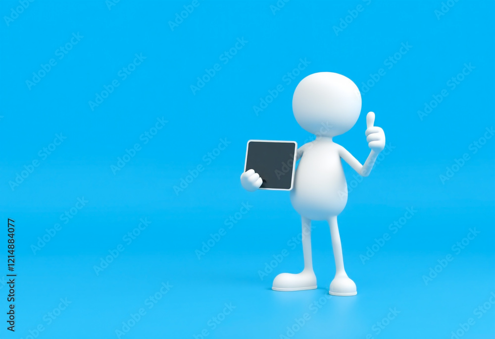 White 3D character holding blank sign on blue background White 3D character holding blank sign on blue background