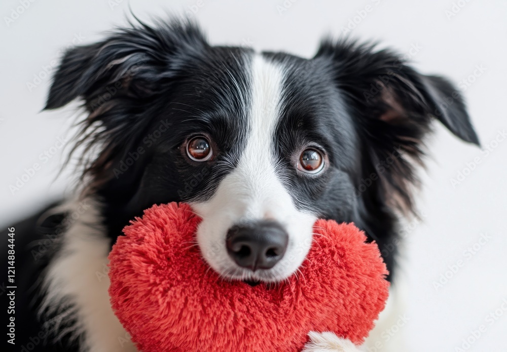 Adorable Black and White Dog Holding a Soft Red Toy Heart with Expressive Eyes, Capturing the Essence of Pet Love and Companionship in a Minimalistic Setting Adorable Black and White Dog Holding a Soft Red Toy Heart with Expressive Eyes, Capturing the Essence of Pet Love and Companionship in a Minimalistic Setting