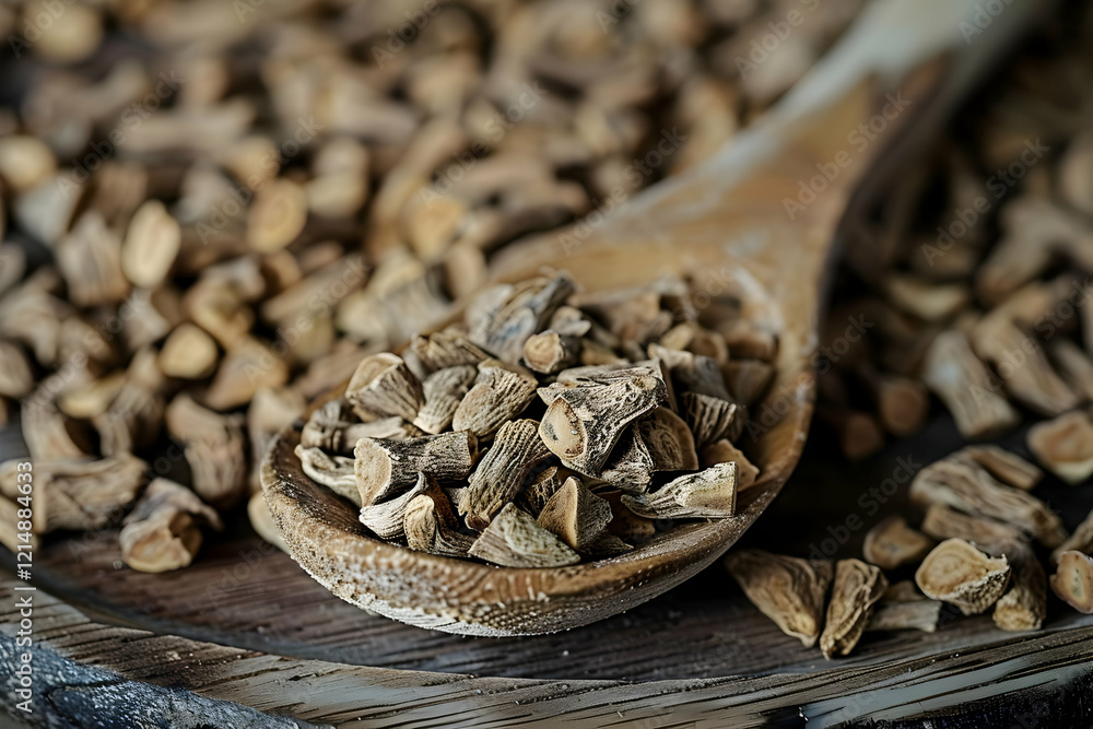 Dried Root Pieces in Wooden Spoon on Rustic Background Creates Natural Wellness Vibe. Dried Root Pieces in Wooden Spoon on Rustic Background Creates Natural Wellness Vibe.