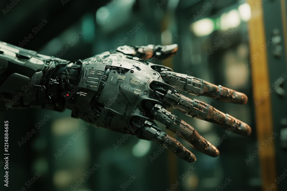 Futuristic robotic hand displayed in a high-tech environment showcasing advanced technology Futuristic robotic hand displayed in a high-tech environment showcasing advanced technology