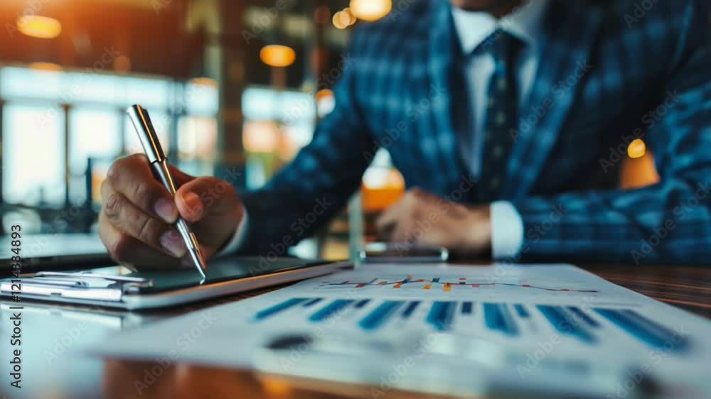 A video of a businessman analyzing charts would be useful for corporate presentations and financial reports.
